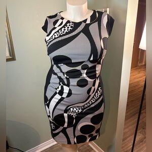 158. Joseph Ribkoff Black & White Graphic Sheath Dress